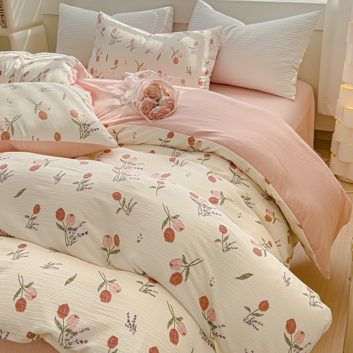 91家纺网 家纺一手货源 找家纺 可思家纺 2024新款A类水洗泡芙棉泡泡纱四件套 花浅语