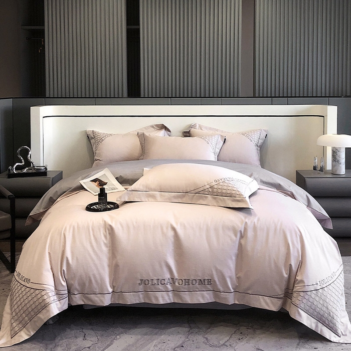 91家纺网 家纺一手货源 找家纺  【高奢定制】100支新疆贡缎长绒棉重工刺绣轻奢酒店风床单床笠床盖款春夏季床上用品 圣卡洛-玉珠粉