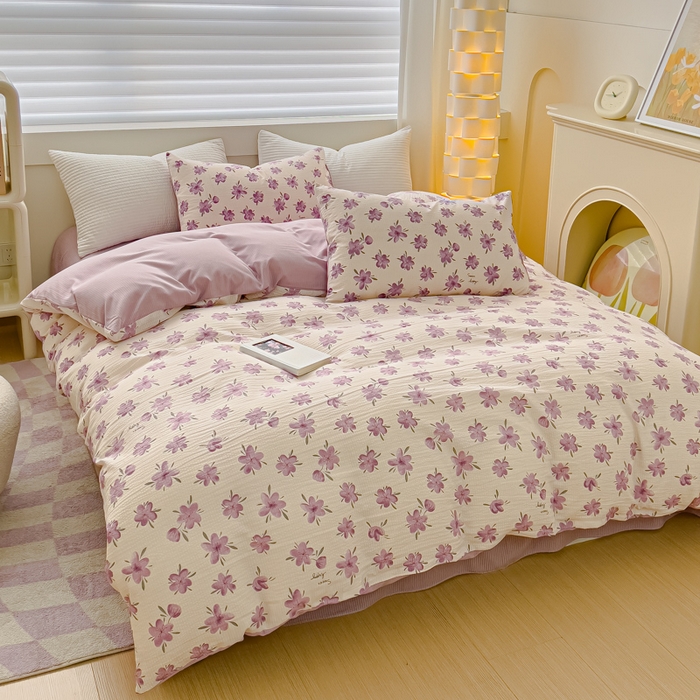 91家纺网 家纺一手货源 找家纺 可思家纺 2024新款A类水洗泡芙棉泡泡纱四件套 小苍兰