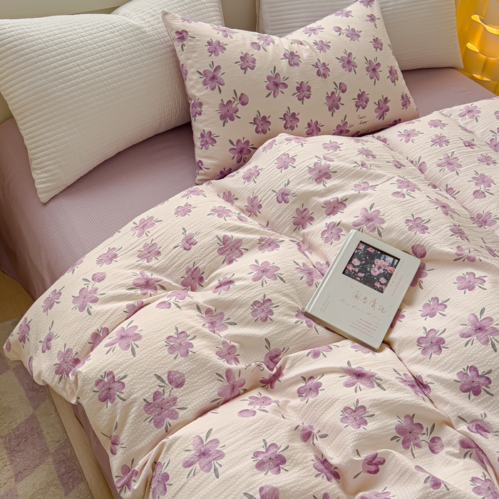 91家纺网 家纺一手货源 找家纺 可思家纺 2024新款A类水洗泡芙棉泡泡纱四件套 小苍兰