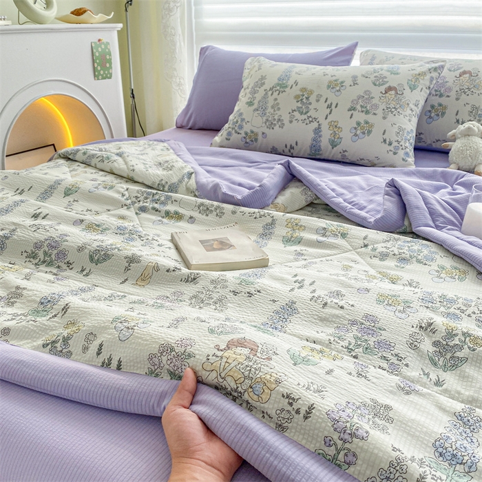 91家纺网 家纺一手货源 找家纺 可思家纺 2024新款A类泡泡纱夏被四件套 娴雅花韵