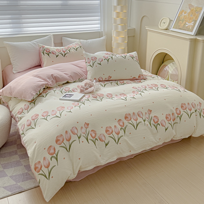 91家纺网 家纺一手货源 找家纺 可思家纺 2024新款A类水洗泡芙棉泡泡纱四件套 花束