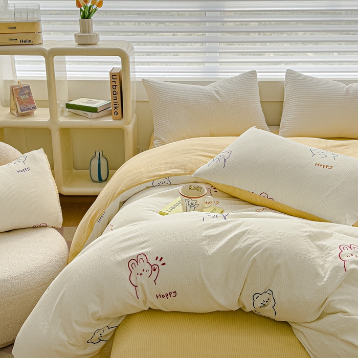 91家纺网 家纺一手货源 找家纺 可思家纺 2024新款A类水洗泡芙棉泡泡纱四件套 卡哇伊