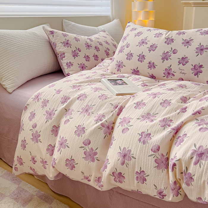 91家纺网 家纺一手货源 找家纺 可思家纺 2024新款A类水洗泡芙棉泡泡纱四件套 小苍兰