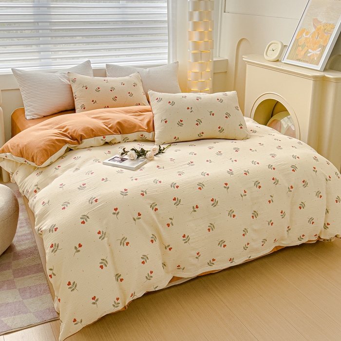 91家纺网 家纺一手货源 找家纺 可思家纺 2024新款A类水洗泡芙棉泡泡纱四件套 心相印