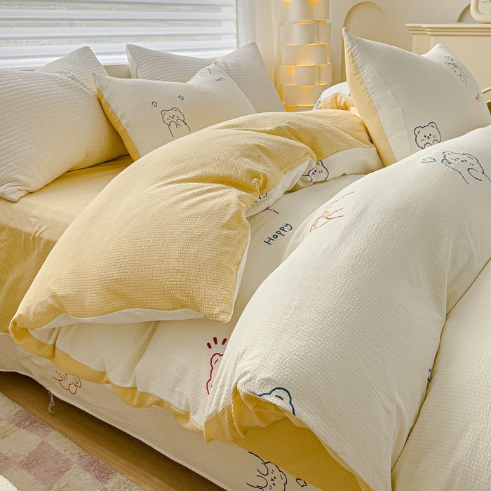 91家纺网 家纺一手货源 找家纺 可思家纺 2024新款A类水洗泡芙棉泡泡纱四件套 卡哇伊