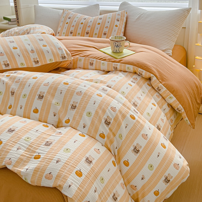 91家纺网 家纺一手货源 找家纺 可思家纺 2024新款A类水洗泡芙棉泡泡纱四件套 南瓜派对