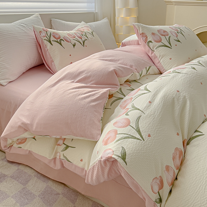 91家纺网 家纺一手货源 找家纺 可思家纺 2024新款A类水洗泡芙棉泡泡纱四件套 花束