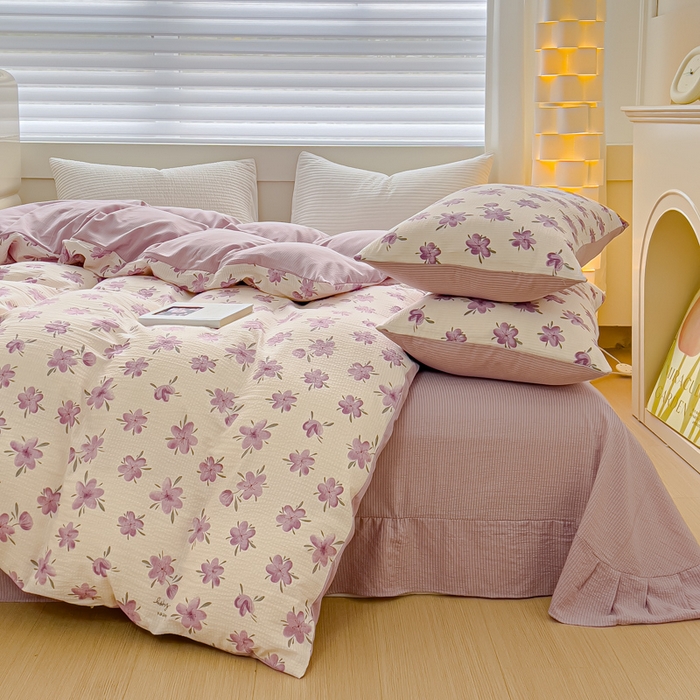 91家纺网 家纺一手货源 找家纺 可思家纺 2024新款A类水洗泡芙棉泡泡纱四件套 小苍兰