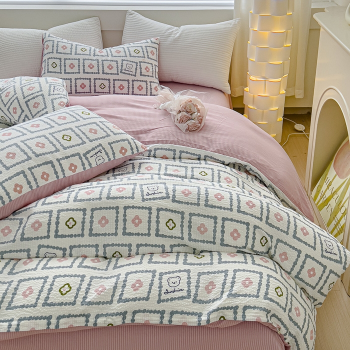 91家纺网 家纺一手货源 找家纺 可思家纺 2024新款A类水洗泡芙棉泡泡纱四件套 库洛米