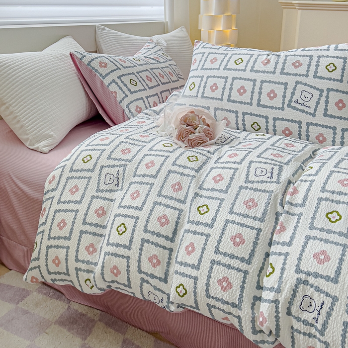 91家纺网 家纺一手货源 找家纺 可思家纺 2024新款A类水洗泡芙棉泡泡纱四件套 库洛米