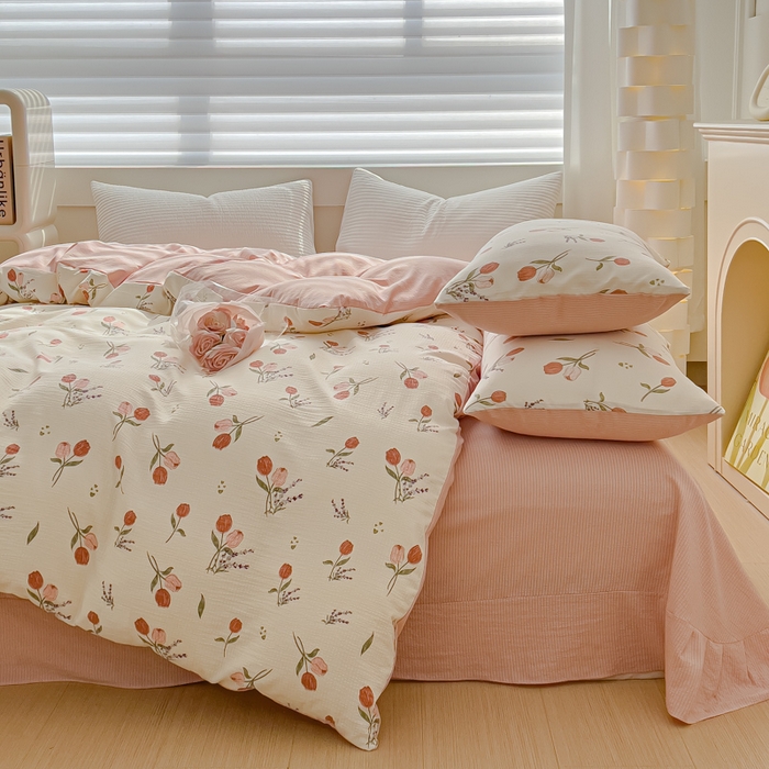 91家纺网 家纺一手货源 找家纺 可思家纺 2024新款A类水洗泡芙棉泡泡纱四件套 花浅语