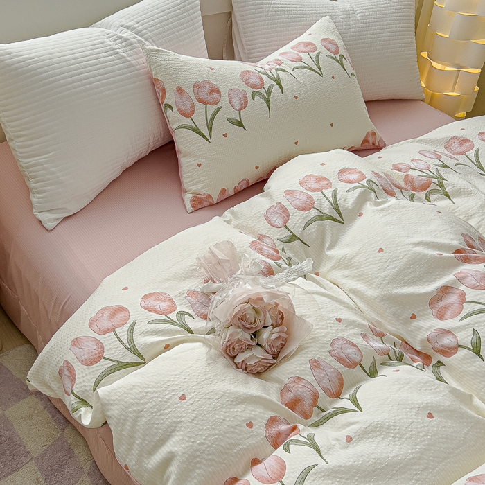 91家纺网 家纺一手货源 找家纺 可思家纺 2024新款A类水洗泡芙棉泡泡纱四件套 花束