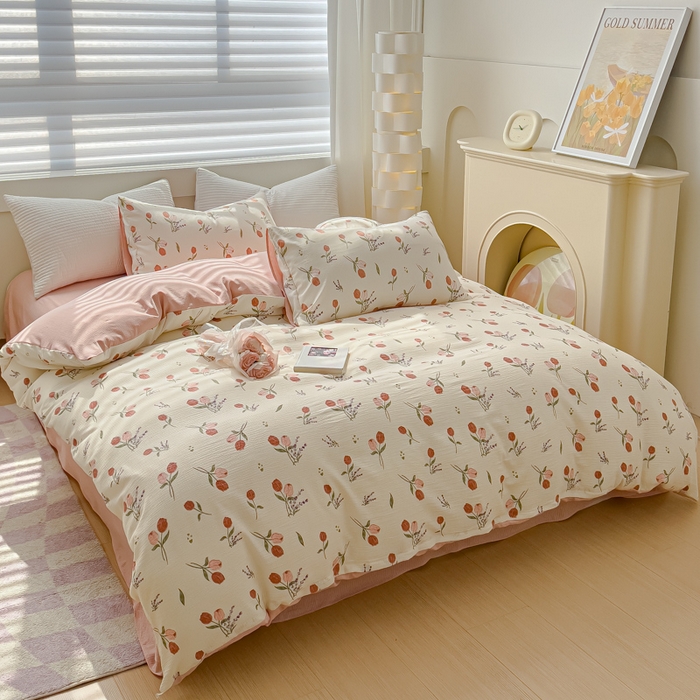 91家纺网 家纺一手货源 找家纺 可思家纺 2024新款A类水洗泡芙棉泡泡纱四件套 花浅语