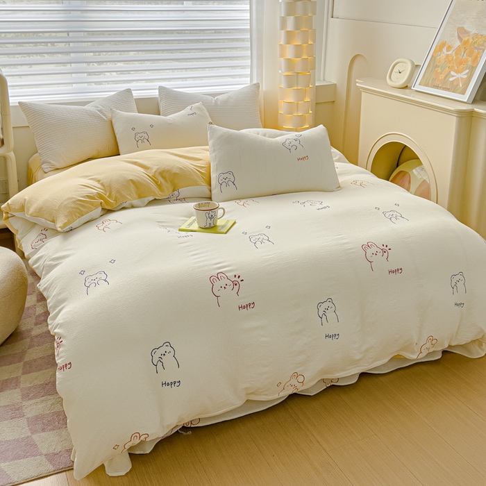 91家纺网 家纺一手货源 找家纺 可思家纺 2024新款A类水洗泡芙棉泡泡纱四件套 卡哇伊