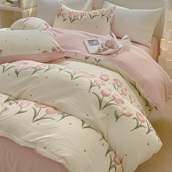 91家纺网 家纺一手货源 找家纺 可思家纺 2024新款A类水洗泡芙棉泡泡纱四件套 花束