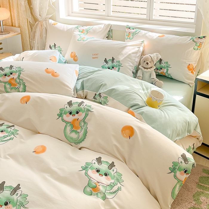 91家纺网 家纺一手货源 找家纺 金鑫汇家纺 2024新款全棉纯棉卡通印花四件套单品系列-四件套 小青龙