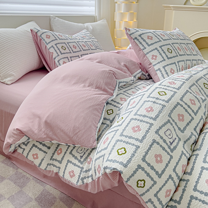 91家纺网 家纺一手货源 找家纺 可思家纺 2024新款A类水洗泡芙棉泡泡纱四件套 库洛米