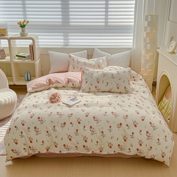 91家纺网 家纺一手货源 找家纺 可思家纺 2024新款A类水洗泡芙棉泡泡纱四件套 花浅语