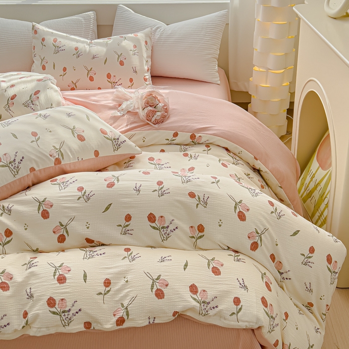 91家纺网 家纺一手货源 找家纺 可思家纺 2024新款A类水洗泡芙棉泡泡纱四件套 花浅语