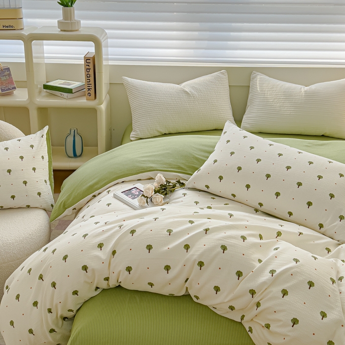 91家纺网 家纺一手货源 找家纺 可思家纺 2024新款A类水洗泡芙棉泡泡纱四件套 小森林