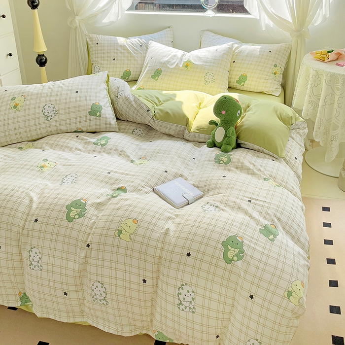 91家纺网 家纺一手货源 找家纺 优选良品 2025新款直播爆款母婴级水洗皱皱棉四件套小碎花被套床笠款三件套 恐龙宝贝