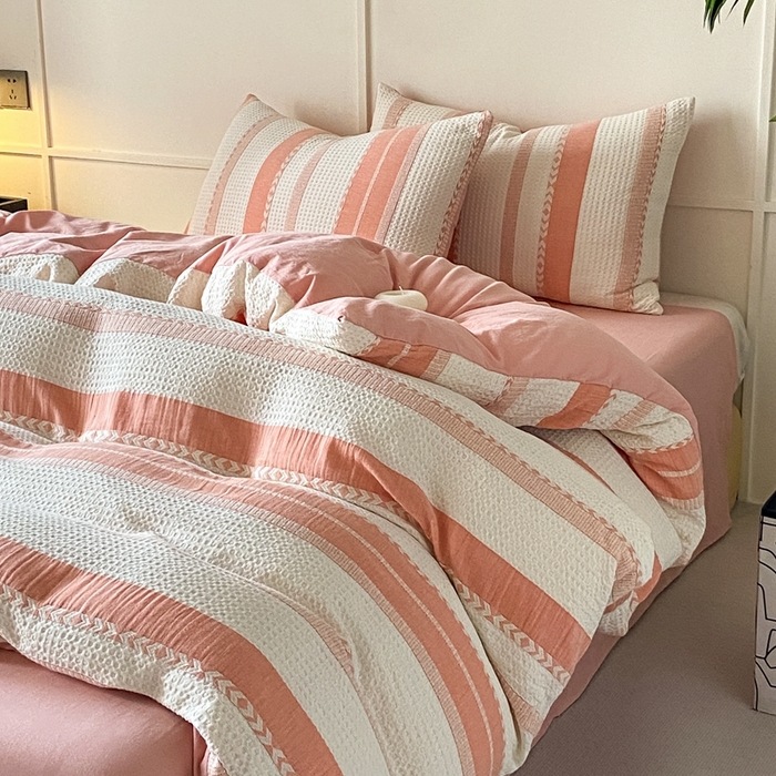 91家纺网 家纺一手货源 找家纺 （总）ab家纺 2024新款彩条双层纱提花四件套