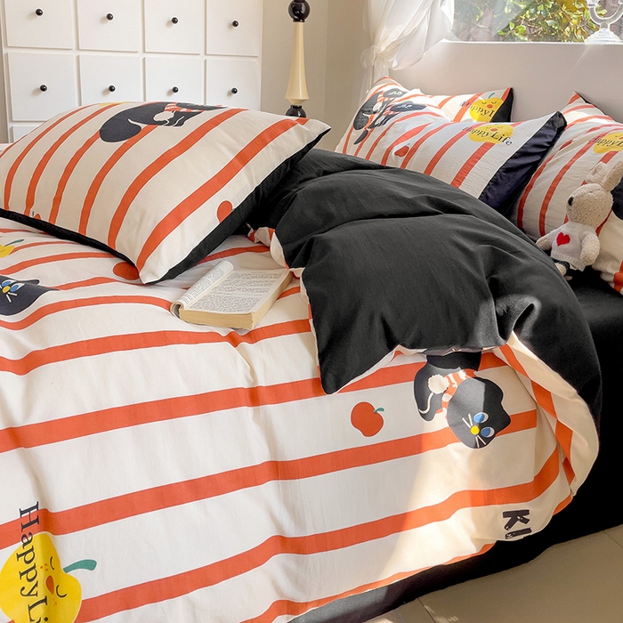 91家纺网 家纺一手货源 找家纺 优选良品 2025新款直播爆款母婴级水洗皱皱棉四件套小碎花被套床笠款三件套 黑猫仔仔