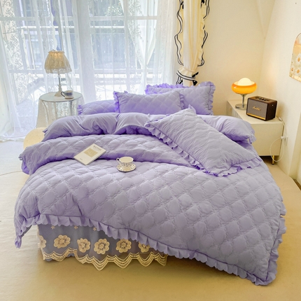 梦想家 新款磨毛夹棉床裙式床笠纯色大花边三件套四件套 蕾丝款紫色