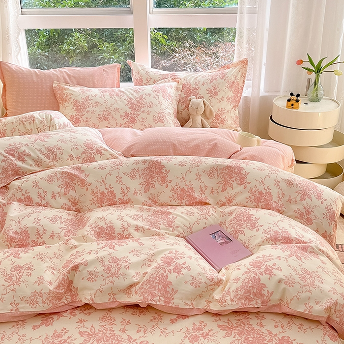 91家纺网 家纺一手货源 找家纺 绵庭家纺 2024新款AB版12868全棉印花单枕套 藤蔓花影-粉