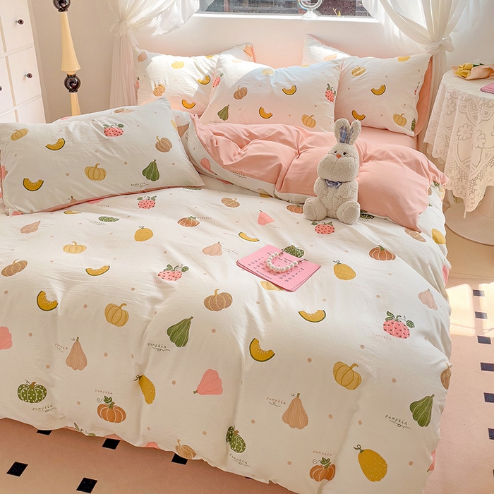 91家纺网 家纺一手货源 找家纺 优选良品 2025新款直播爆款母婴级水洗皱皱棉四件套小碎花被套床笠款三件套 水果派对