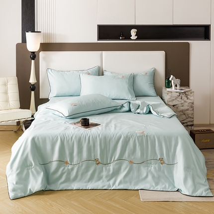 91家纺网 家纺一手货源 找家纺 欧冠家纺 2024新款大牌风水洗真丝绣花床笠被套夏被四件套公主日记系列-风格二 公主日记-白茶绿