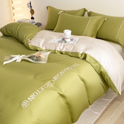 91家纺网 家纺一手货源 找家纺 (总)梦幻之城2023新款水洗真丝双拼刺绣小山茶花四件套--芮雅系列