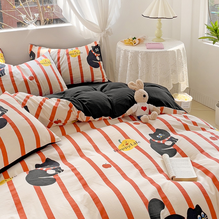 91家纺网 家纺一手货源 找家纺 优选良品 2025新款直播爆款母婴级水洗皱皱棉四件套小碎花被套床笠款三件套 黑猫仔仔