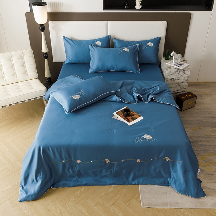 91家纺网 家纺一手货源 找家纺 欧冠家纺 2024新款大牌风水洗真丝绣花床笠被套夏被四件套公主日记系列-风格二 公主日记-宾利蓝