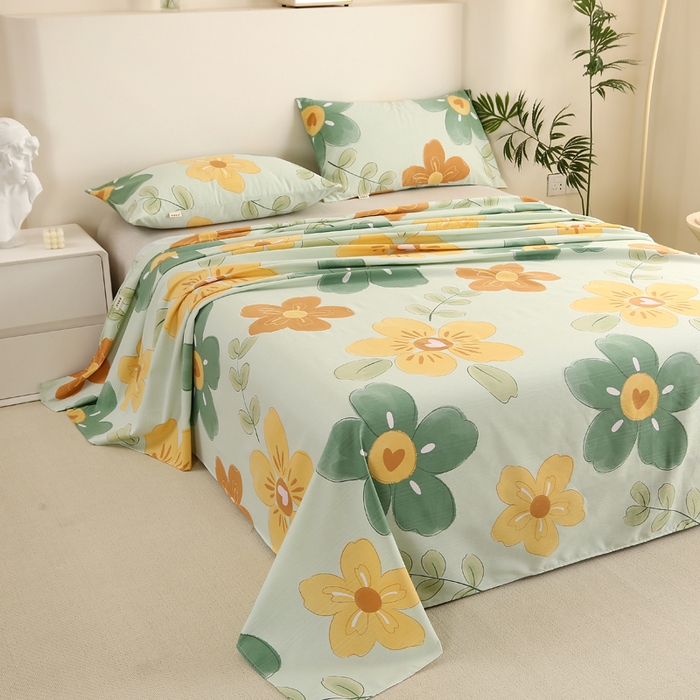 91家纺网 家纺一手货源 找家纺 棉乐町家居 2025新款三枚段条卷边老粗布床单套件 花恋曲-绿-原棉款