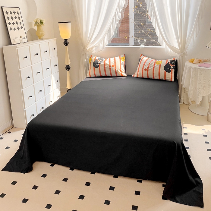 91家纺网 家纺一手货源 找家纺 优选良品 2025新款直播爆款母婴级水洗皱皱棉四件套小碎花被套床笠款三件套 黑猫仔仔