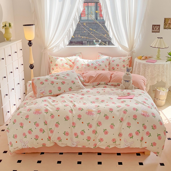 91家纺网 家纺一手货源 找家纺 优选良品 2025新款直播爆款母婴级水洗皱皱棉四件套小碎花被套床笠款三件套 比菲兔