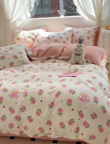 91家纺网 家纺一手货源 找家纺 优选 2025新款直播爆款母婴级水洗皱皱棉四件套小碎花被套床笠款三件套 比菲兔