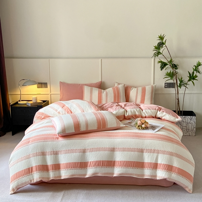 91家纺网 家纺一手货源 找家纺 （总）ab家纺 2024新款彩条双层纱提花四件套