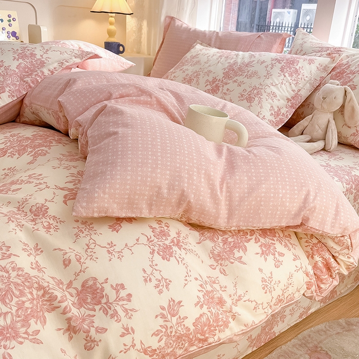 91家纺网 家纺一手货源 找家纺 绵庭家纺 2024新款AB版12868全棉印花单被套 藤蔓花影-粉