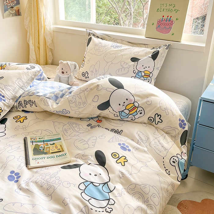 91家纺网 家纺一手货源 找家纺 绵庭家纺 2024新款AB版全棉印花系列四件套 蓝色小狗