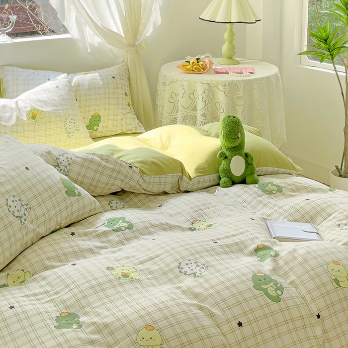 91家纺网 家纺一手货源 找家纺 优选良品 2025新款直播爆款母婴级水洗皱皱棉四件套小碎花被套床笠款三件套 恐龙宝贝