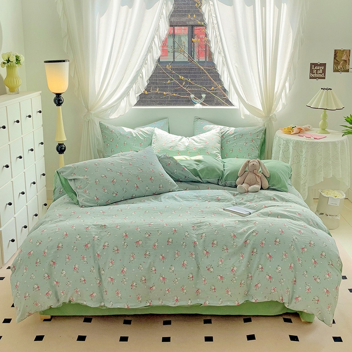 91家纺网 家纺一手货源 找家纺 优选良品 2025新款直播爆款母婴级水洗皱皱棉四件套小碎花被套床笠款三件套 温茶