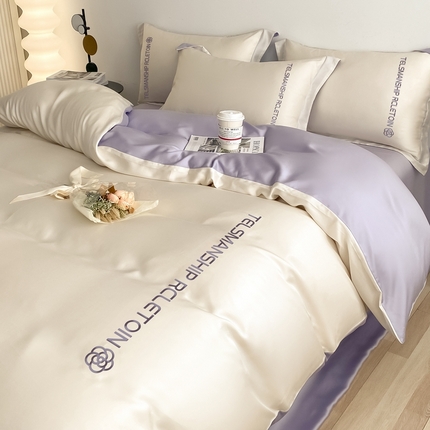 91家纺网 家纺一手货源 找家纺 (总)梦幻之城2023新款水洗真丝双拼刺绣小山茶花四件套--芮雅系列