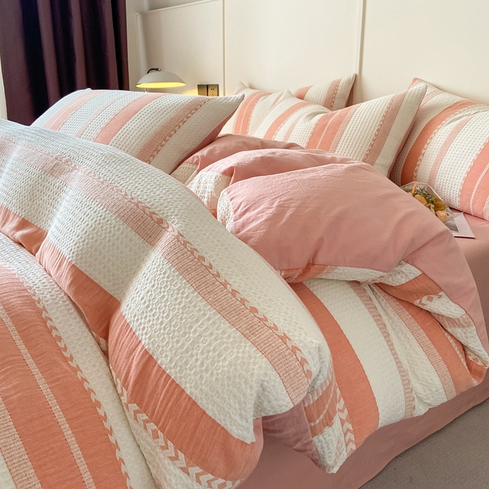 91家纺网 家纺一手货源 找家纺 （总）ab家纺 2024新款彩条双层纱提花四件套