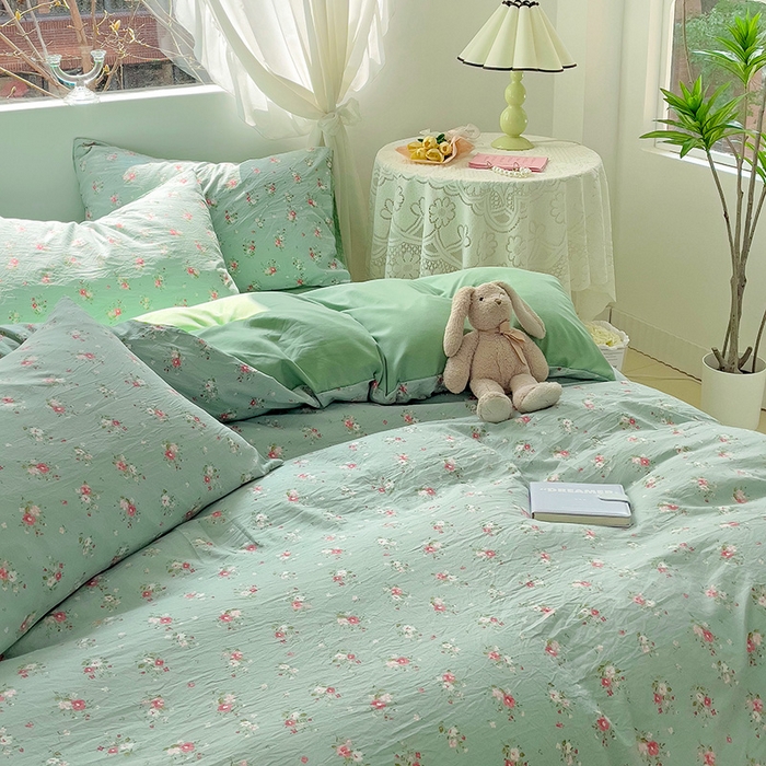 91家纺网 家纺一手货源 找家纺 优选良品 2025新款直播爆款母婴级水洗皱皱棉四件套小碎花被套床笠款三件套 温茶