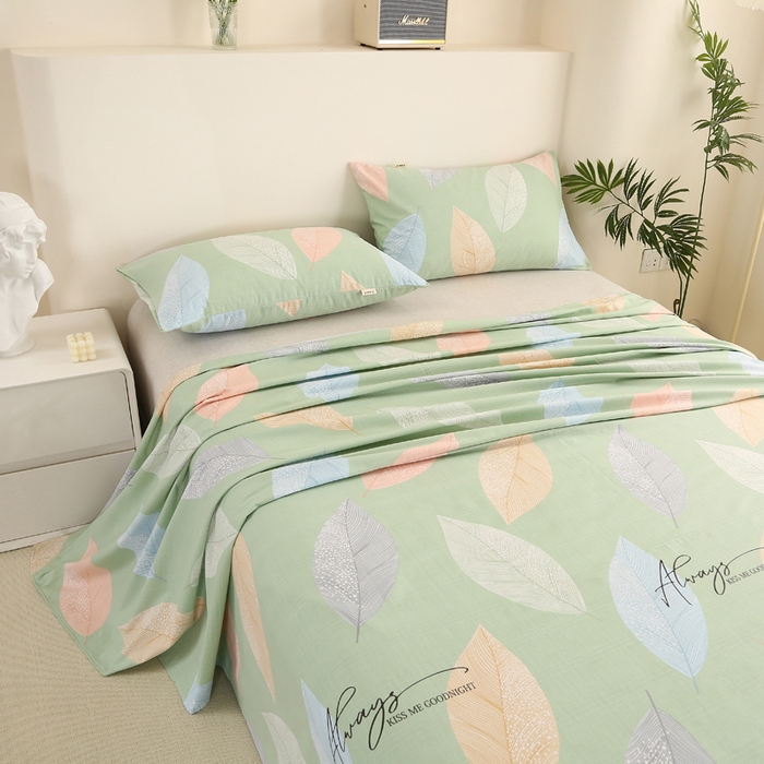 91家纺网 家纺一手货源 找家纺 棉乐町家居 2025新款三枚段条卷边老粗布床单套件 恋叶-原棉款