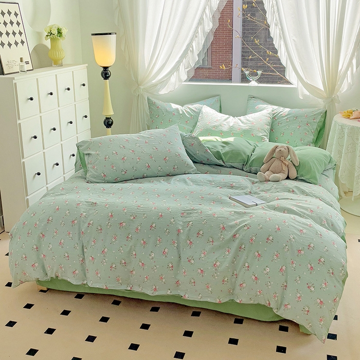 91家纺网 家纺一手货源 找家纺 优选良品 2025新款直播爆款母婴级水洗皱皱棉四件套小碎花被套床笠款三件套 温茶