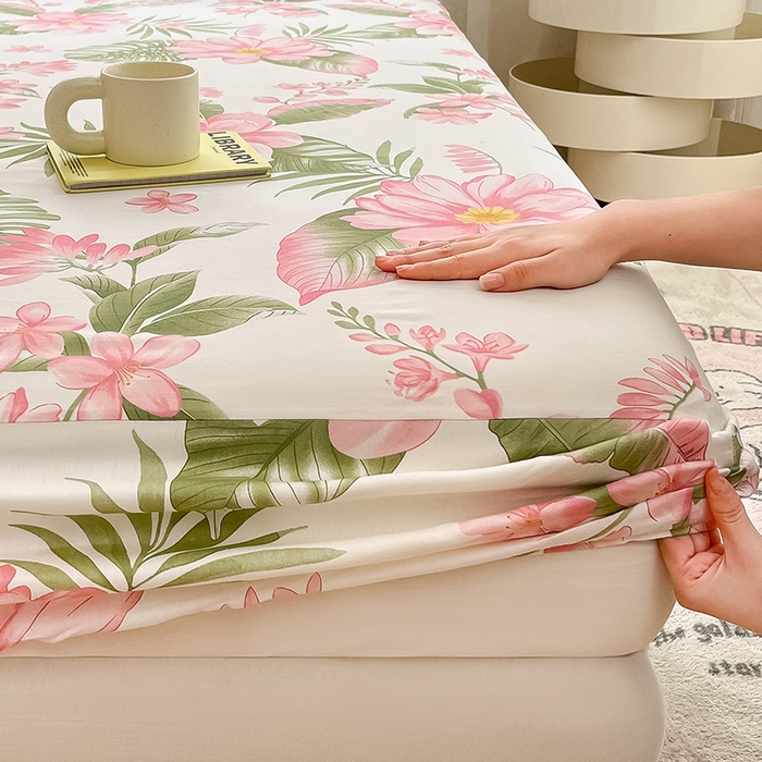 91家纺网 家纺一手货源 找家纺 绵庭家纺 2024新款AB版12868全棉印花单床笠  粉朵华颂